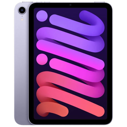 next gen electronics shop. buy electronics online Canada. Premium Apple iPad Mini 6th Gen A2567 Wi-Fi 64GB. Gallery image 1. The tablet is centered in the frame, showcasing its sleek design with rounded edges. It features a vibrant display with abstract pink and purple shapes against a dark background. The device has a silver finish on the back, with a camera lens visible in the top left corner. The screen is turned on, highlighting the colorful graphics.