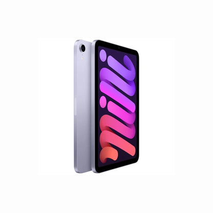 next gen electronics shop. buy electronics online Canada. Premium Apple iPad Mini 6th Gen A2567 Wi-Fi 64GB. Gallery image 2. The tablet is positioned at a slight angle, showcasing both its front and back. The front features a vibrant display with a gradient background in shades of purple and pink, prominently displaying the word "mini." The back is a light silver color, with a small camera lens visible in the upper left corner.