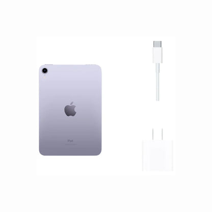 next gen electronics shop. buy electronics online Canada. Premium Apple iPad Mini 6th Gen A2567 Wi-Fi 64GB. Gallery image 4. The image features a purple iPad positioned centrally, showcasing its smooth back with a prominent Apple logo. To the right, a white USB-C charging cable and a compact white power adapter are neatly arranged. The background is a seamless white, enhancing the product's colors and details.
