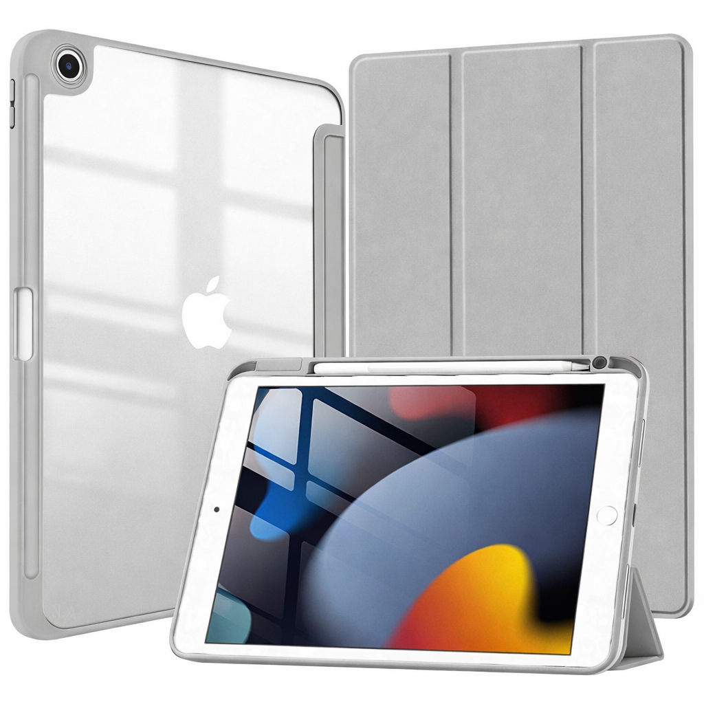 Slim Tablet Case – Grey Transparent Smart Case With Pencil Holder with Stand | Protective Case