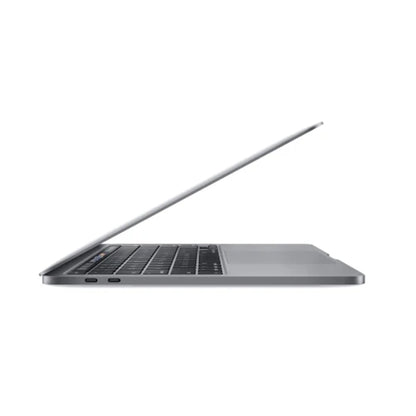 future tech gadgets Canada. smart tech store Canada. Certified Apple MacBook Pro 13″ (2020) A2251. Gallery image 1. The laptop is positioned at a slight angle, showcasing its sleek profile against a seamless white background. The body is a brushed silver finish, with a matte texture that reflects soft light. The keyboard is visible, featuring low-profile keys, and two USB-C ports are located on the left side. The lid is partially open, revealing a thin screen bezel.
