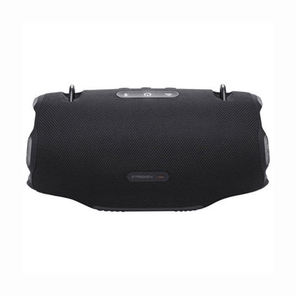future tech gadgets Canada. smart tech store Canada. JBL Xtreme 4 Portable waterproof speaker. Gallery image 2. The speaker is positioned centrally in the frame, viewed from a slightly elevated angle. It features a textured black exterior with a matte finish, giving it a rugged appearance. On the top, there are three buttons: a Bluetooth pairing button, a play/pause button, and a volume control button, all in a contrasting light color.