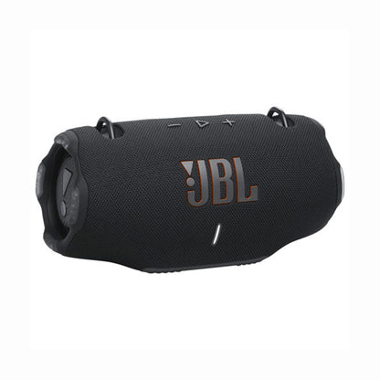 future tech gadgets Canada. smart tech store Canada. JBL Xtreme 4 Portable waterproof speaker. Gallery image 1. The speaker is positioned at a slight angle, showcasing its rounded, cylindrical shape. It features a textured black exterior with a prominent orange "JBL" logo on the front. The top has several control buttons, including play, volume, and Bluetooth pairing symbols, all in a matte finish. A small LED indicator is visible below the logo.