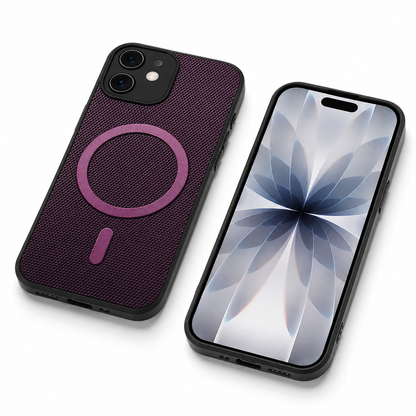 Purple woven mobile cover with raised camera protection for iPhone 12