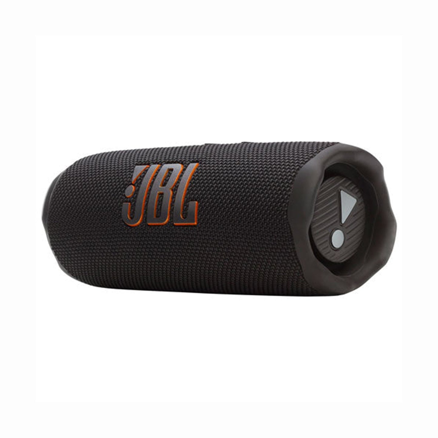 future tech gadgets Canada. smart tech store Canada. JBL Flip 7 Portable waterproof and drop-proof speaker. Gallery image 1. The image features a cylindrical black portable speaker, prominently displaying the "JBL" logo in bright orange on its textured surface. The speaker is positioned at a slight angle, allowing a view of its rounded edges and a button with an exclamation mark on one end. The background is a seamless white, emphasizing the product's sleek design.