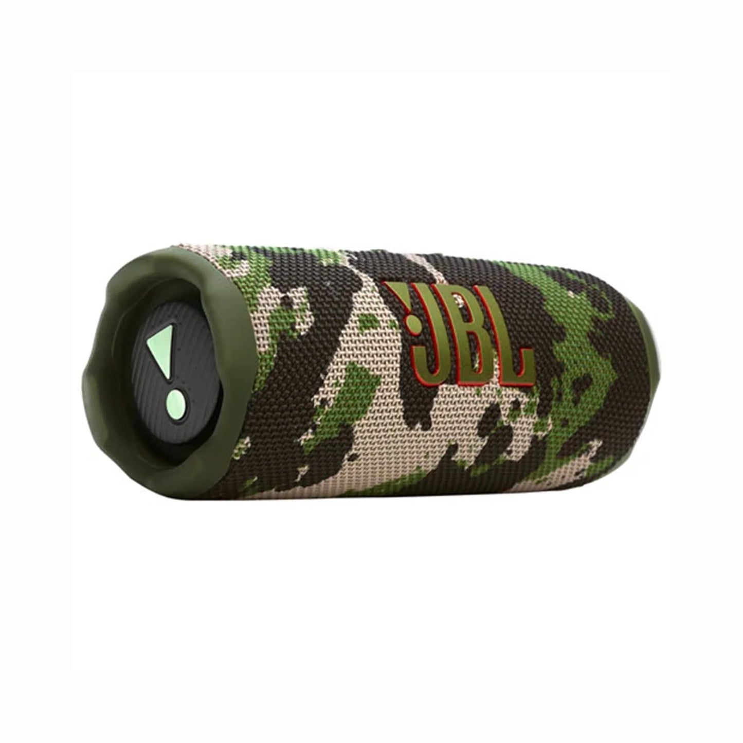 future tech gadgets Canada. smart tech store Canada. JBL Flip 7 Portable waterproof and drop-proof speaker. Gallery image 3. The portable speaker is positioned at a slight angle, showcasing its cylindrical shape. It features a camouflage pattern in shades of green, black, and beige, with a prominent red "JBL" logo on the side. The speaker has a textured fabric surface and a rubberized end cap with a power button that includes a light indicator.