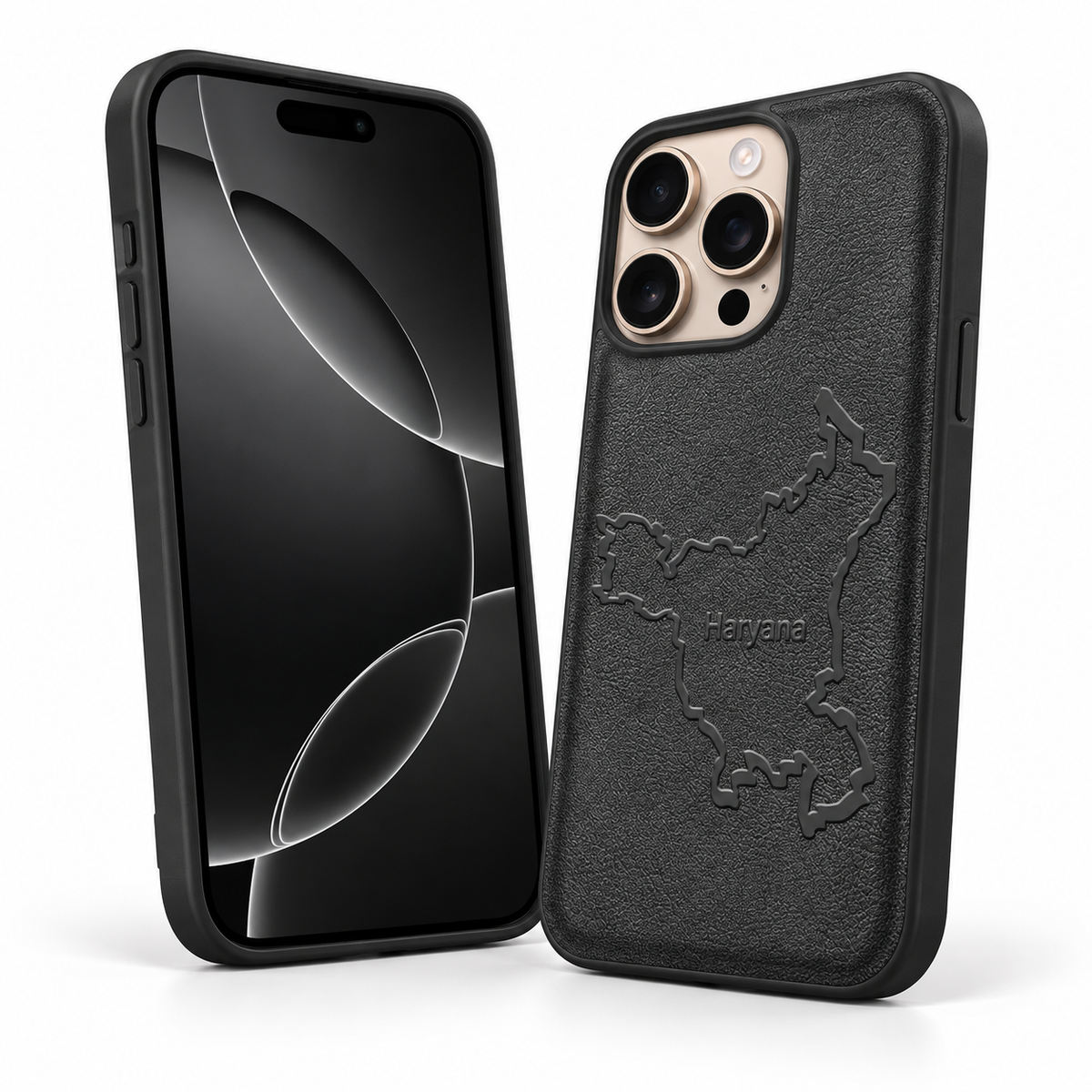 Apple iPhone 12 / 12 Pro protective cover in black with HRY Crafted Haryana artwork.