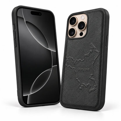 Apple iPhone 12 / 12 Pro protective cover in black with HRY Crafted Haryana artwork.