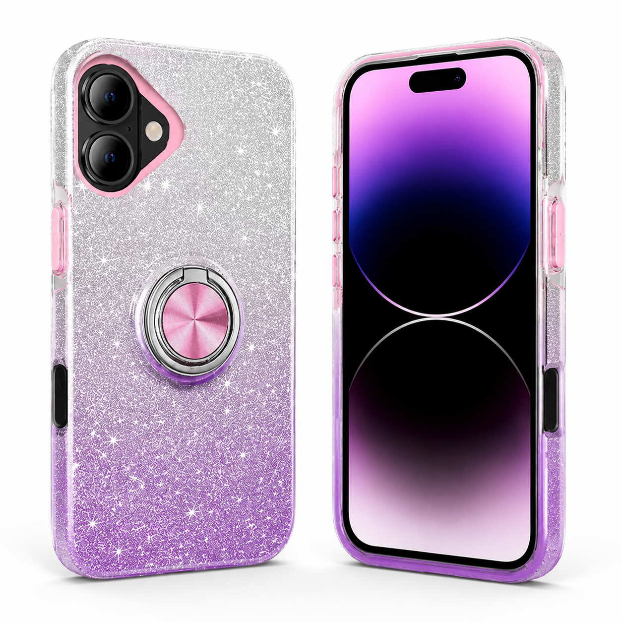 Shockproof purple glitter ring holder case for Apple iPhone 17