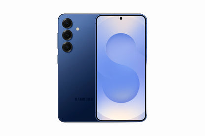 cutting edge electronics online Canada. smart tech store Canada. New Samsung Galaxy S25. Gallery image 1. The smartphone is positioned centrally against a solid black background, showcasing its sleek design. The back features a deep blue finish with three circular camera lenses aligned vertically, accompanied by a small flash. The front displays a large screen with a subtle gradient, featuring a light blue abstract shape and a centered hole-punch camera at the top.
