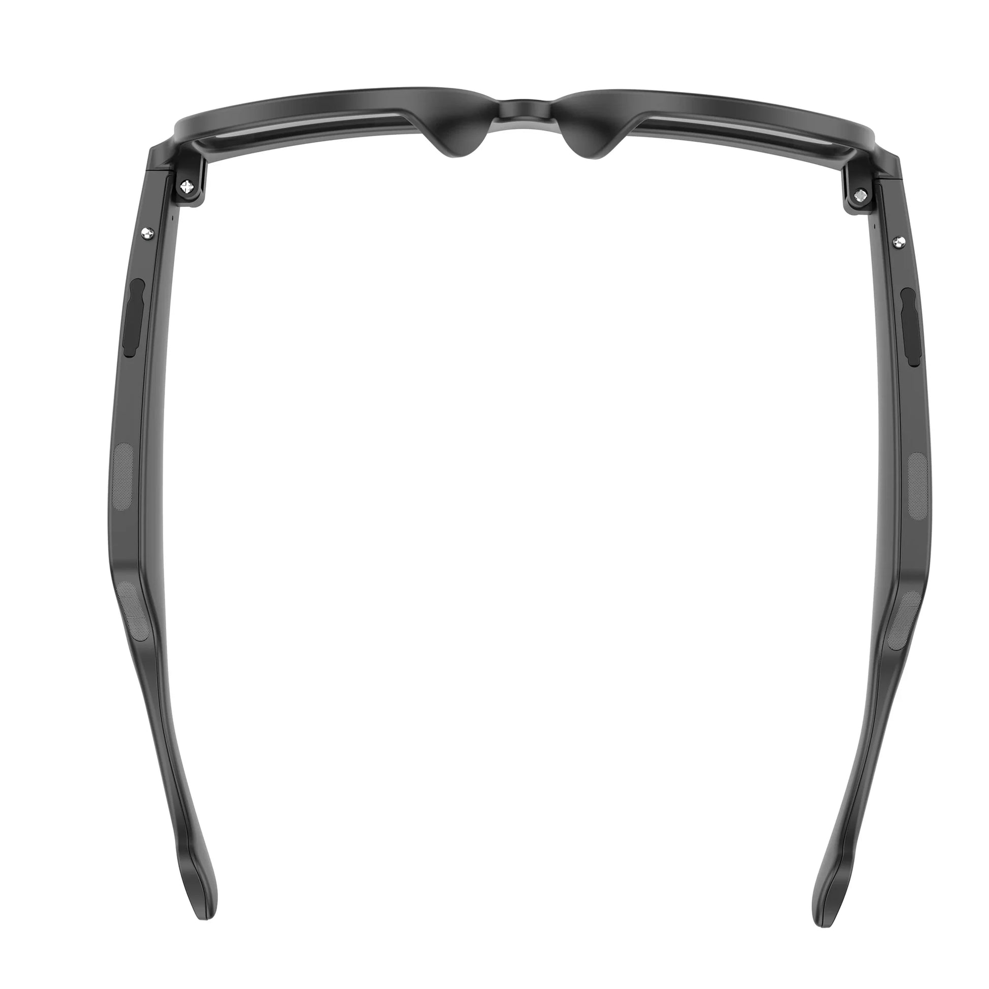future tech gadgets Canada. smart tech store Canada. Techtron Icon Smart Sunglasses. Gallery image 7. The image shows a pair of black eyeglasses viewed from the front, centered in the frame. The glasses have a sleek, modern design with a matte finish. The arms are slightly angled outward, and there are small rubber grips on the inside of the temples for comfort. The background is a seamless white, providing a clean contrast that highlights the glasses. No logos or text are visible in this angle.