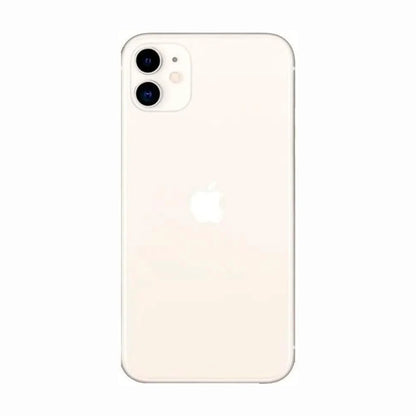 future tech gadgets Canada. smart tech store Canada. Premium iPhone 11. Gallery image 6. The product is centered in the frame, showcasing the back of a light-colored smartphone. The surface is smooth and glossy, reflecting soft light, which highlights the two rear cameras positioned in the top left corner. An Apple logo is prominently displayed in the center of the device. The background is plain, allowing the phone to stand out without any additional props or distractions.