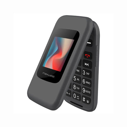 future tech gadgets Canada. smart tech store Canada. The Maxwest Vice 4G. Gallery image 1. The image shows a gray flip phone positioned at a slight angle, revealing both the front display and the keypad. The screen features a colorful abstract design, while the keypad is clearly visible with large, tactile buttons labeled with numbers and letters. The phone is set against a seamless white background, enhancing its visibility.