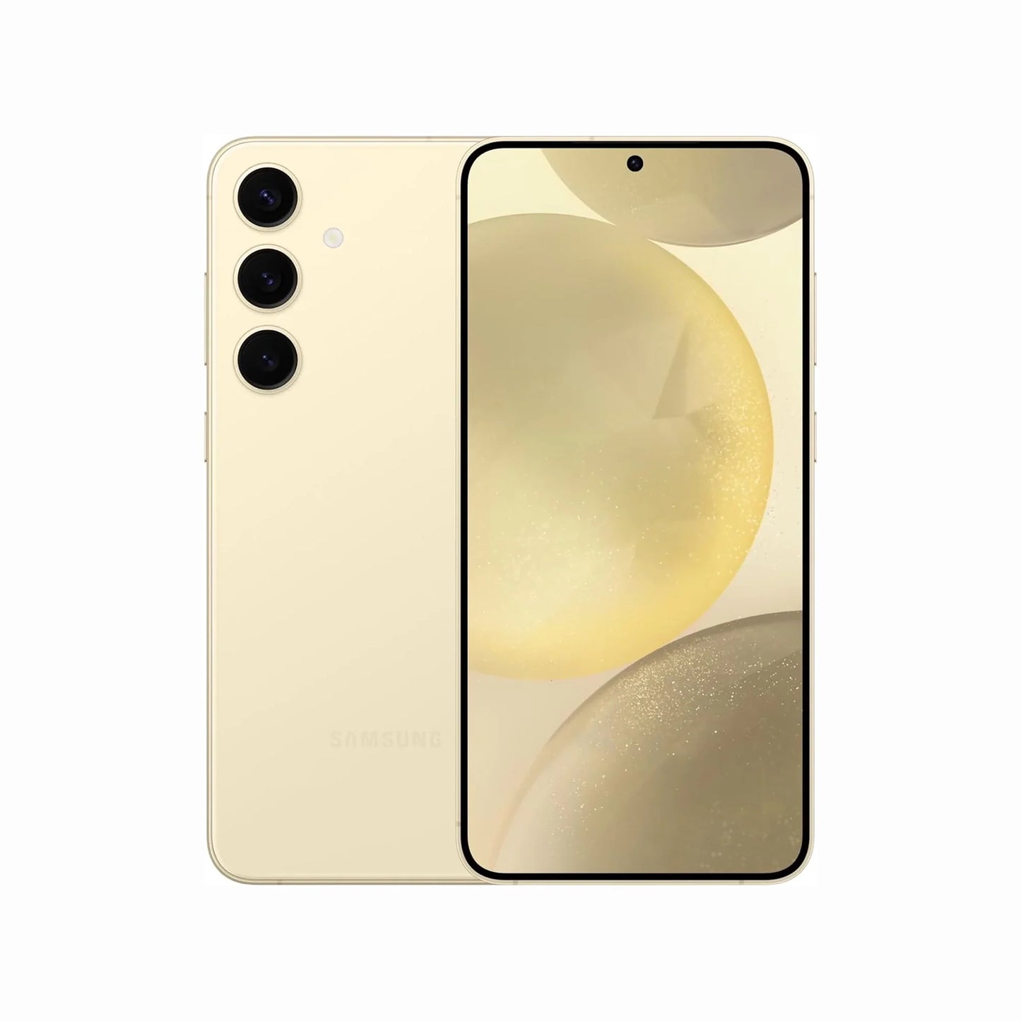 smart tech store Canada. premium tech accessories Canada. Premium Samsung Galaxy S24 Plus. Gallery image 3. The smartphone is positioned at a slight angle, showcasing its front and back. The device features a soft, matte gold finish with three circular camera lenses on the back, each with a dark glass cover. The front display is vibrant, displaying a light, abstract background with soft, rounded shapes. The edges of the screen are thin, and a small circular front camera is centered at the top.