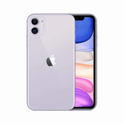 future tech gadgets Canada. smart tech store Canada. Premium iPhone 11. Gallery image 3. The smartphone is positioned at an angle, showcasing both its front and back. The back features a glossy lavender finish with two circular camera lenses and the Apple logo centered below them. The front displays a vibrant screen with a mix of blue and pink hues, framed by a thin black bezel. The background is a seamless white, emphasizing the device's sleek design.