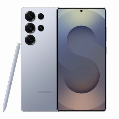 smart tech store Canada. next gen electronics shop. New Samsung Galaxy S25 Ultra. Gallery image 4. The smartphone is displayed at a slight angle, showcasing its sleek design and large screen. The back features a light silver finish with three prominent black camera lenses arranged vertically, along with a small flash. To the left, a stylus is positioned next to the device, matching the phone's color. The screen is turned on, displaying a soft gradient background with a stylized "S" logo.