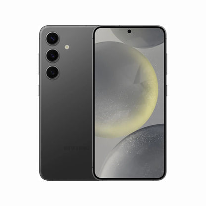 smart tech store Canada. premium tech accessories Canada. Premium Samsung Galaxy S24. Gallery image 2. The smartphone is displayed at a slight angle, showcasing both the front and back. The back features a matte black finish with three circular camera lenses arranged vertically, accompanied by a small flash. The front has a sleek design with minimal bezels and a centered circular cutout for the front camera. The background is a seamless white, emphasizing the device's modern look.