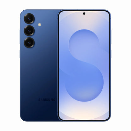 smart tech store Canada. premium tech accessories Canada. New Samsung Galaxy S25 Plus. Gallery image 4. The smartphone is centered in the frame, showcasing its sleek design with a deep blue matte finish. The front features a large display with a subtle gradient background, displaying a light blue abstract shape. On the back, three circular camera lenses are aligned vertically, with a small flash positioned next to them.