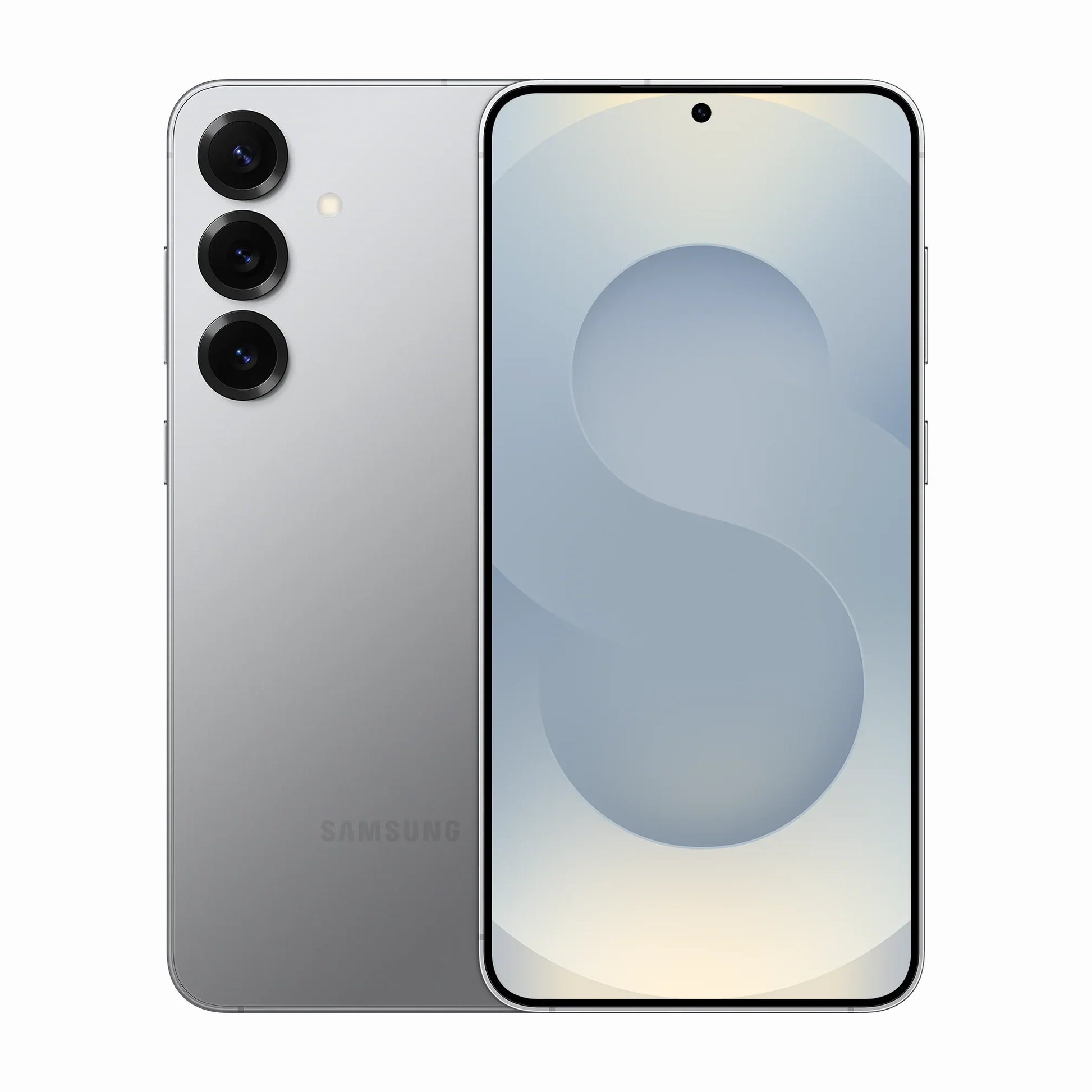 smart tech store Canada. premium tech accessories Canada. New Samsung Galaxy S25 Plus. Gallery image 1. The smartphone is centered in the frame, showcasing a sleek, silver body with a glossy finish. The front features a large display with a subtle gradient background, displaying a stylized "S" shape. On the back, three circular camera lenses are aligned vertically, accompanied by a small flash. The device is positioned at a slight angle, revealing a thin profile and minimal bezels.