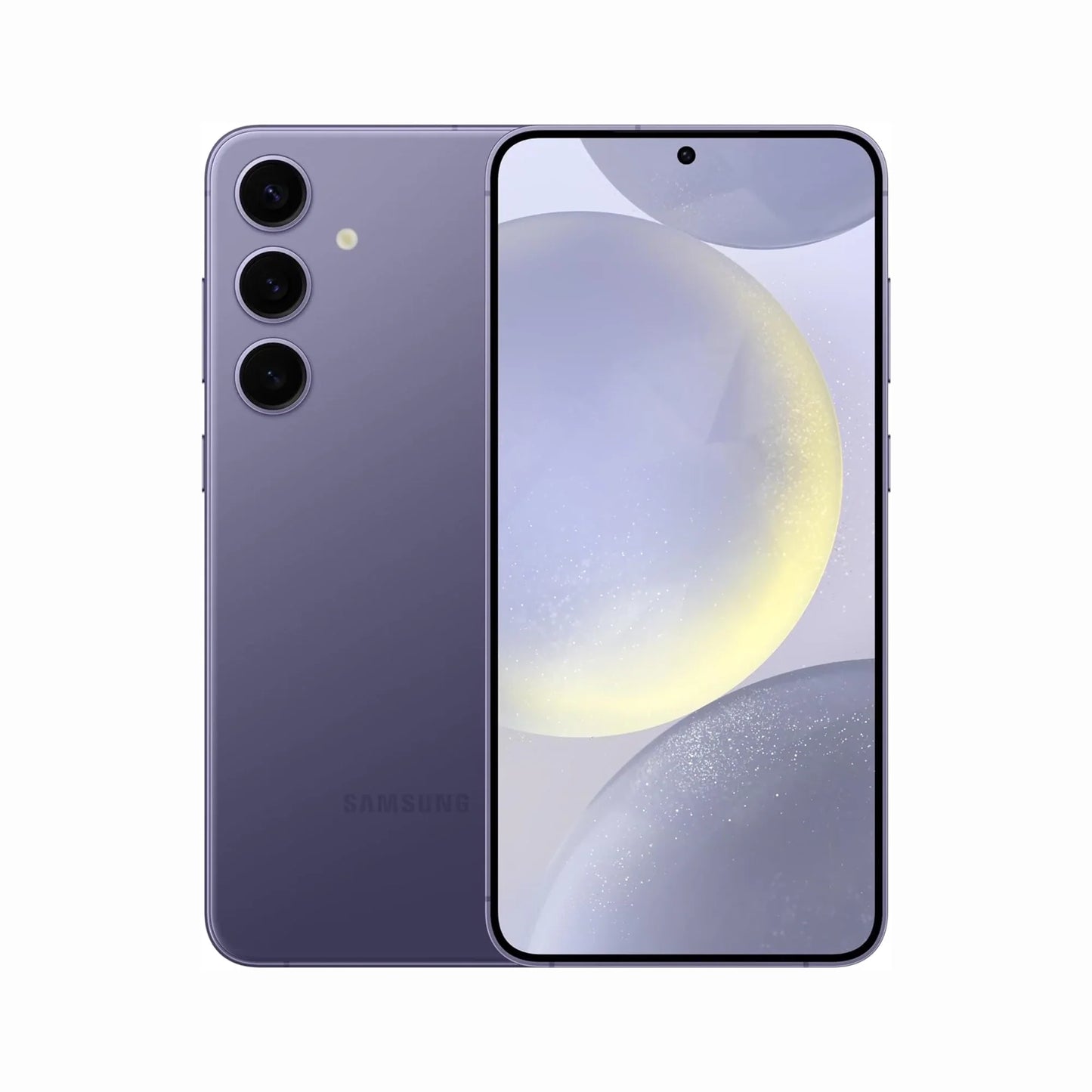 smart tech store Canada. premium tech accessories Canada. Premium Samsung Galaxy S24 Plus. Gallery image 1. The smartphone is displayed front-facing, slightly angled to the right, showcasing its sleek design. It features a glossy purple finish, with three circular camera lenses and a small LED light on the back. The screen is vibrant, displaying soft, abstract shapes in light colors. The background is a seamless white, emphasizing the device's modern aesthetic.