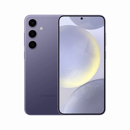 smart tech store Canada. premium tech accessories Canada. Premium Samsung Galaxy S24 Plus. Gallery image 1. The smartphone is displayed front-facing, slightly angled to the right, showcasing its sleek design. It features a glossy purple finish, with three circular camera lenses and a small LED light on the back. The screen is vibrant, displaying soft, abstract shapes in light colors. The background is a seamless white, emphasizing the device's modern aesthetic.