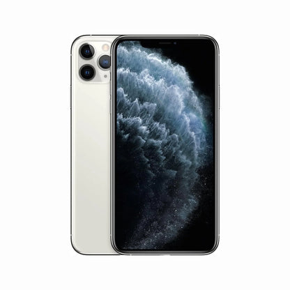 future tech gadgets Canada. smart tech store Canada. Premium iPhone 11 Pro. Gallery image 2. The smartphone is positioned centrally, showcasing its sleek design with a glossy white back and a black front display. The screen features a vibrant, swirling abstract image, suggesting a dynamic visual experience. The device has three rear cameras arranged in a triangular formation, with the lenses highlighted by soft reflections.