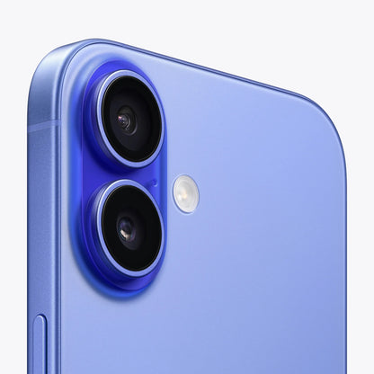 cutting edge electronics online Canada. smart tech store Canada. New Apple iPhone 16. Gallery image 2. The image features the top corner of a smartphone, prominently displaying two circular camera lenses with a glossy black finish, set against a soft blue body. A small circular flash is positioned between the lenses. The phone is angled slightly, showcasing its rounded edges and smooth matte surface. The background is a seamless white, enhancing the product's vibrant color and design details.