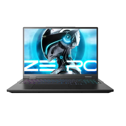 future tech gadgets Canada. smart tech store Canada. ThundeRobot ZERO16 Pro U7255HX57TE1Q360ARB Gaming Laptop. Gallery image 1. The laptop is centered in the frame, showcasing its sleek, matte black body and illuminated keyboard with a gradient of colors. The screen displays a futuristic graphic of a robotic figure against a vibrant blue background, with the word "ZERO" prominently featured in bold white letters.