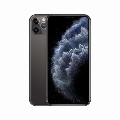 future tech gadgets Canada. smart tech store Canada. Premium iPhone 11 Pro. Gallery image 4. The smartphone is positioned centrally, showcasing its sleek design with a glossy black finish. The front display features a vibrant, swirling galaxy-like wallpaper, emphasizing the device's high-resolution screen. The rear of the phone displays a triple-camera setup, with the lenses arranged vertically in the top left corner.