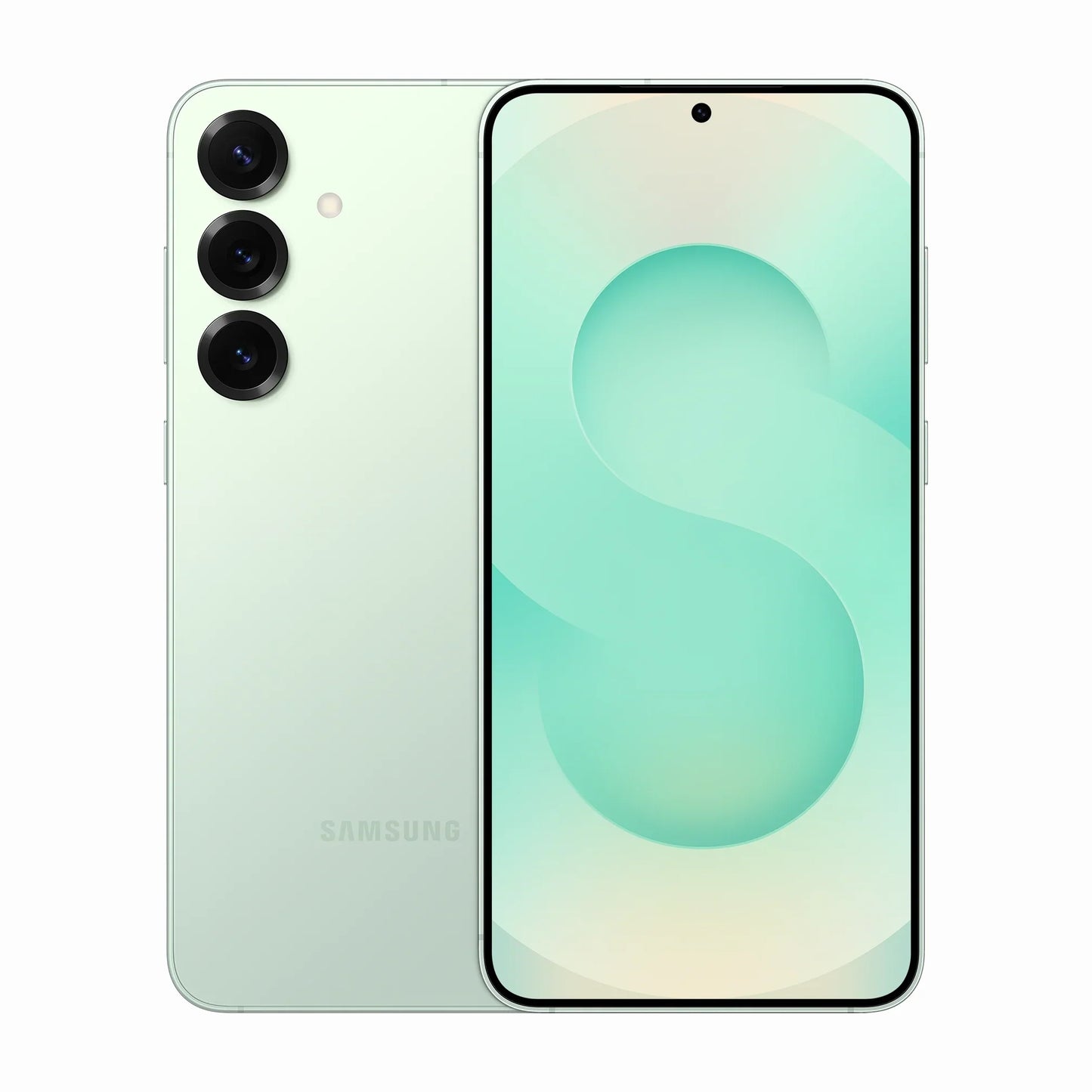 smart tech store Canada. premium tech accessories Canada. New Samsung Galaxy S25 Plus. Gallery image 3. The smartphone is displayed front-facing, slightly angled to the right, showcasing its sleek design. The body is a soft mint green with a glossy finish, while the screen features a light gradient background with a prominent "S" shape. Three circular camera lenses are visible on the upper left corner of the back, each with a dark lens.