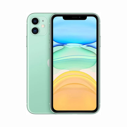 future tech gadgets Canada. smart tech store Canada. Premium iPhone 11. Gallery image 2. The image features a mint green smartphone positioned at an angle, showcasing both its front and back. The front displays a vibrant screen with a gradient background of blue, green, and yellow hues. The back of the phone has a glossy finish, with two circular camera lenses visible in the upper left corner. The device is set against a seamless white background, emphasizing its sleek design and color.