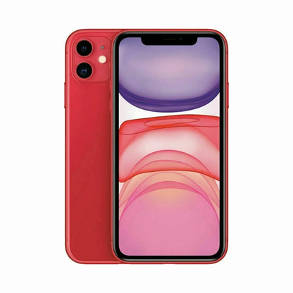 future tech gadgets Canada. smart tech store Canada. Premium iPhone 11. Gallery image 5. The smartphone is prominently displayed, angled slightly to showcase both the front and back. The device features a vibrant red finish, with a glossy surface that reflects light. The front screen displays soft, gradient colors in shades of purple and pink, while the back reveals two circular camera lenses and a flash. The background is plain white, emphasizing the phone's design.