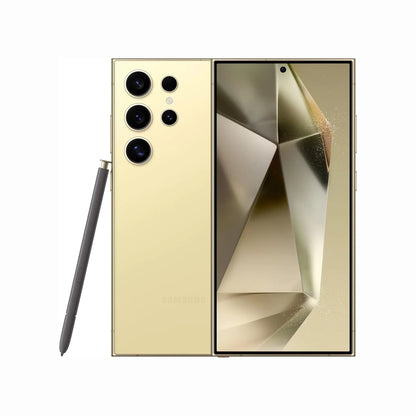 smart tech store Canada. next gen electronics shop. Premium Samsung Galaxy S24 Ultra. Gallery image 2. The smartphone is displayed front-facing, centered against a seamless white background. Its body features a sleek, matte gold finish, with a large, vibrant screen showcasing a geometric design in soft gold and cream tones. On the left side, three prominent camera lenses are visible, along with a smaller lens and a status LED.