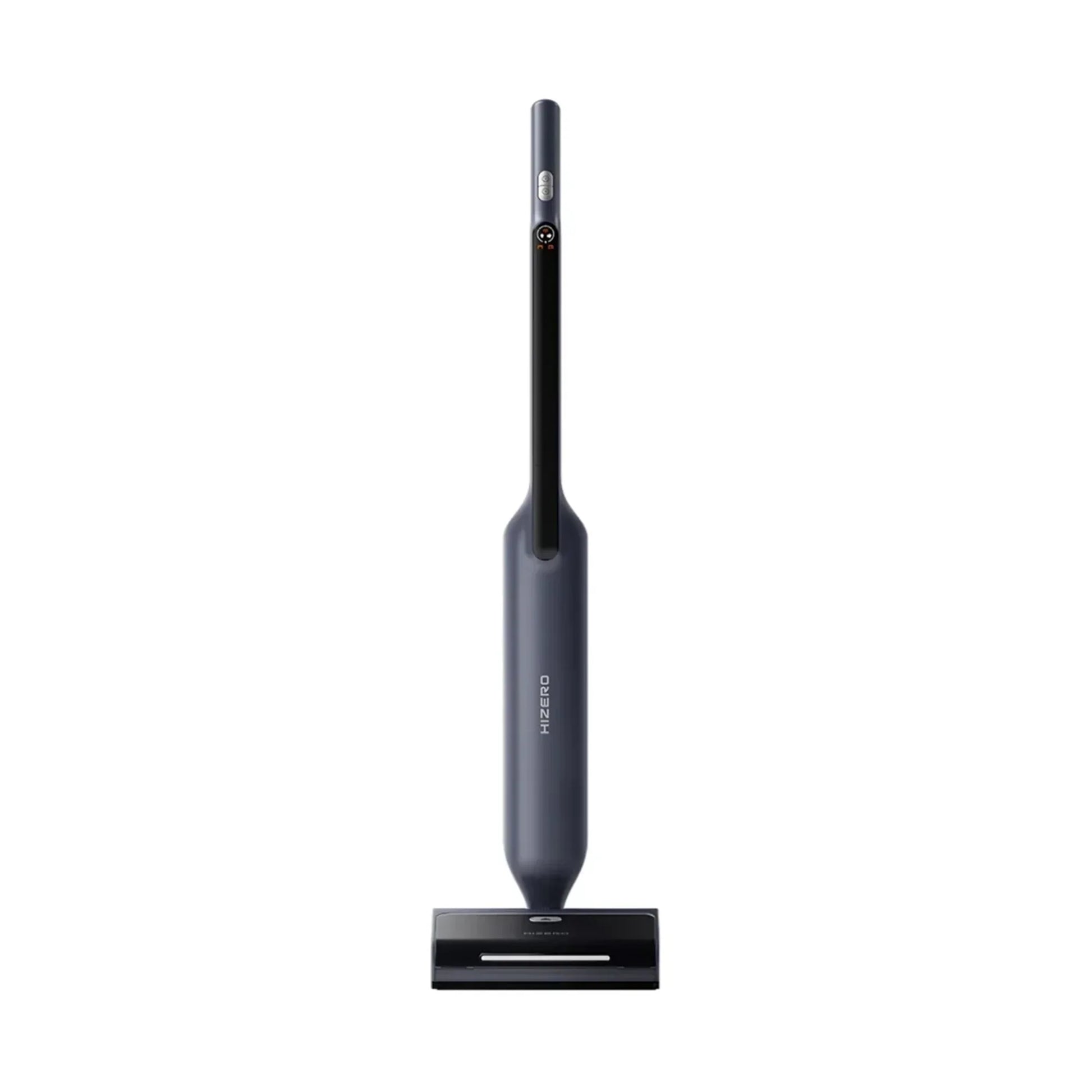 future tech gadgets Canada. smart tech store Canada. HiZero F600 All-in-One Bionic Floor Cleaner. Gallery image 1. A sleek, upright vacuum cleaner stands centered against a seamless white background. Its body features a matte dark gray finish, with a glossy black cleaning head at the base. A small control button and a circular status indicator are visible on the handle, with the indicator showing a red light.
