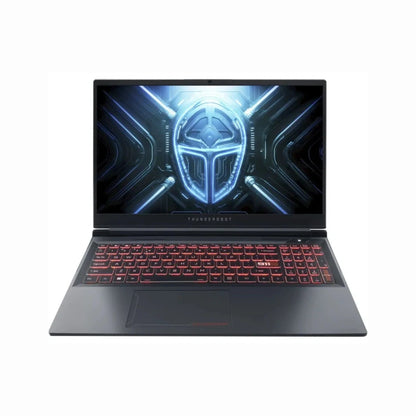 future tech gadgets Canada. smart tech store Canada. ThundeRobot R16 i9 Gaming Laptop. Gallery image 1. The laptop is centered in the frame, showcasing its sleek design with a matte black finish. The screen displays a vibrant, futuristic graphic featuring a shield-like emblem in blue and silver tones. The keyboard is illuminated with red backlighting, highlighting the keys against the dark surface.