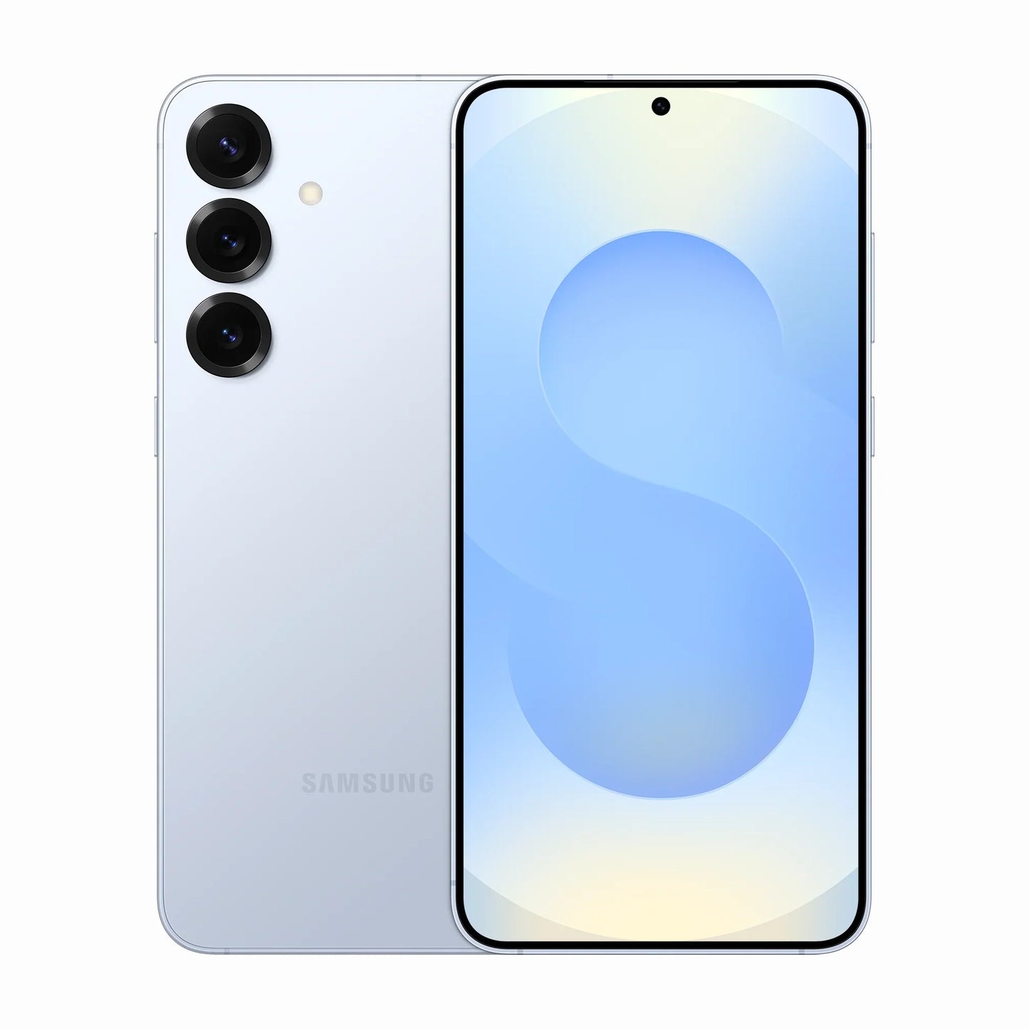 smart tech store Canada. premium tech accessories Canada. New Samsung Galaxy S25 Plus. Gallery image 2. The smartphone is displayed at a slight angle, showcasing its sleek design with a glossy white finish. The front features a large screen with a light blue gradient background, displaying a stylized "S" logo at the center. On the back, three circular camera lenses are aligned vertically, accompanied by a small flash.