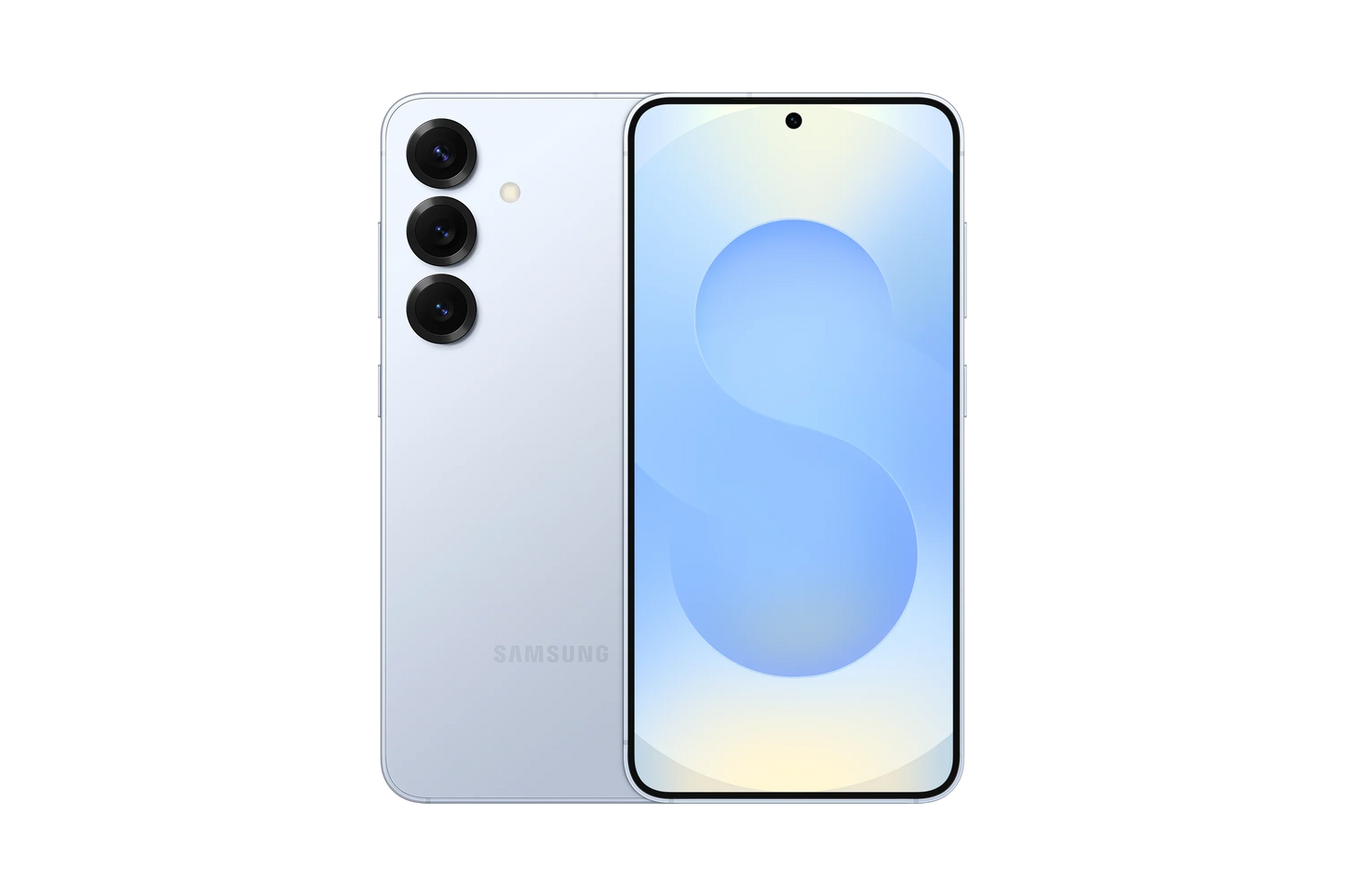 cutting edge electronics online Canada. smart tech store Canada. New Samsung Galaxy S25. Gallery image 3. The smartphone is centered in the frame, showcasing its sleek design with a glossy white finish. The front features a large display with a subtle gradient background, while the top center has a small circular front camera cutout. On the back, three circular camera lenses are aligned vertically, accompanied by a small flash.