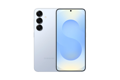 cutting edge electronics online Canada. smart tech store Canada. New Samsung Galaxy S25. Gallery image 3. The smartphone is centered in the frame, showcasing its sleek design with a glossy white finish. The front features a large display with a subtle gradient background, while the top center has a small circular front camera cutout. On the back, three circular camera lenses are aligned vertically, accompanied by a small flash.