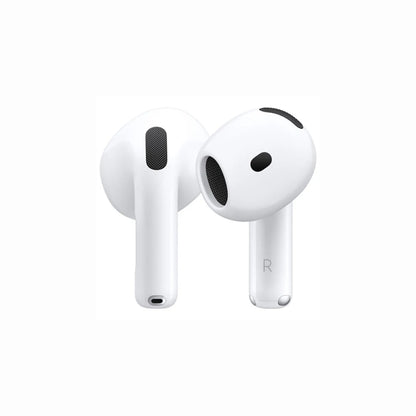 next gen electronics shop. premium tech accessories Canada. New Apple Original AirPods 4 Gen. Gallery image 1. Two white wireless earbuds are displayed prominently in the center of the frame, angled slightly to show their rounded shapes and mesh speaker grilles. The left earbud is positioned above the right, which has a visible "R" printed on its stem. The background is a seamless white, creating a clean and minimalist look.