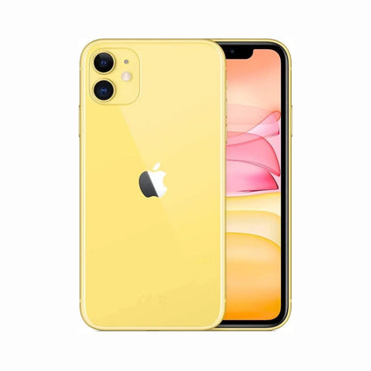 future tech gadgets Canada. smart tech store Canada. Premium iPhone 11. Gallery image 4. The smartphone is positioned at an angle, showcasing both the front and back. The back features a glossy yellow finish with two camera lenses and the Apple logo prominently displayed in the center. The front screen displays a vibrant interface with soft pink and yellow hues. The device is set against a seamless white background, enhancing its bright color.