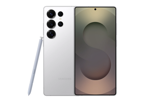smart tech store Canada. next gen electronics shop. New Samsung Galaxy S25 Ultra. Gallery image 1. The smartphone is centered in the frame, showcasing its sleek design against a solid black background. The back features a glossy white finish with five distinct camera lenses arranged vertically, each with a dark circular outline. A light blue stylus is positioned to the left of the phone, partially inserted into the device.
