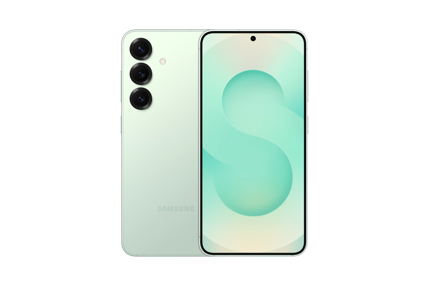 cutting edge electronics online Canada. smart tech store Canada. New Samsung Galaxy S25. Gallery image 2. The smartphone is centered in the frame, showcasing both its front and back. The back features a soft mint green finish with three circular camera lenses arranged vertically on the left side. The front displays a large screen with a subtle gradient background, featuring a light green and cream swirl design. The edges of the device are sleek and rounded, with a thin bezel around the display.