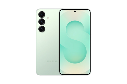 cutting edge electronics online Canada. smart tech store Canada. New Samsung Galaxy S25. Gallery image 2. The smartphone is centered in the frame, showcasing both its front and back. The back features a soft mint green finish with three circular camera lenses arranged vertically on the left side. The front displays a large screen with a subtle gradient background, featuring a light green and cream swirl design. The edges of the device are sleek and rounded, with a thin bezel around the display.