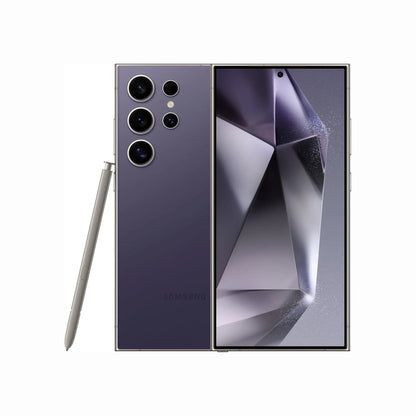 smart tech store Canada. next gen electronics shop. Premium Samsung Galaxy S24 Ultra. Gallery image 3. The smartphone is displayed at a slight angle, showcasing its sleek design and large screen. The body is a deep purple with a glossy finish, and it features a prominent camera module on the left side, consisting of three lenses and a flash. The screen is vibrant and reflects light, highlighting its sharp edges. A stylus is positioned next to the phone, emphasizing its functionality.