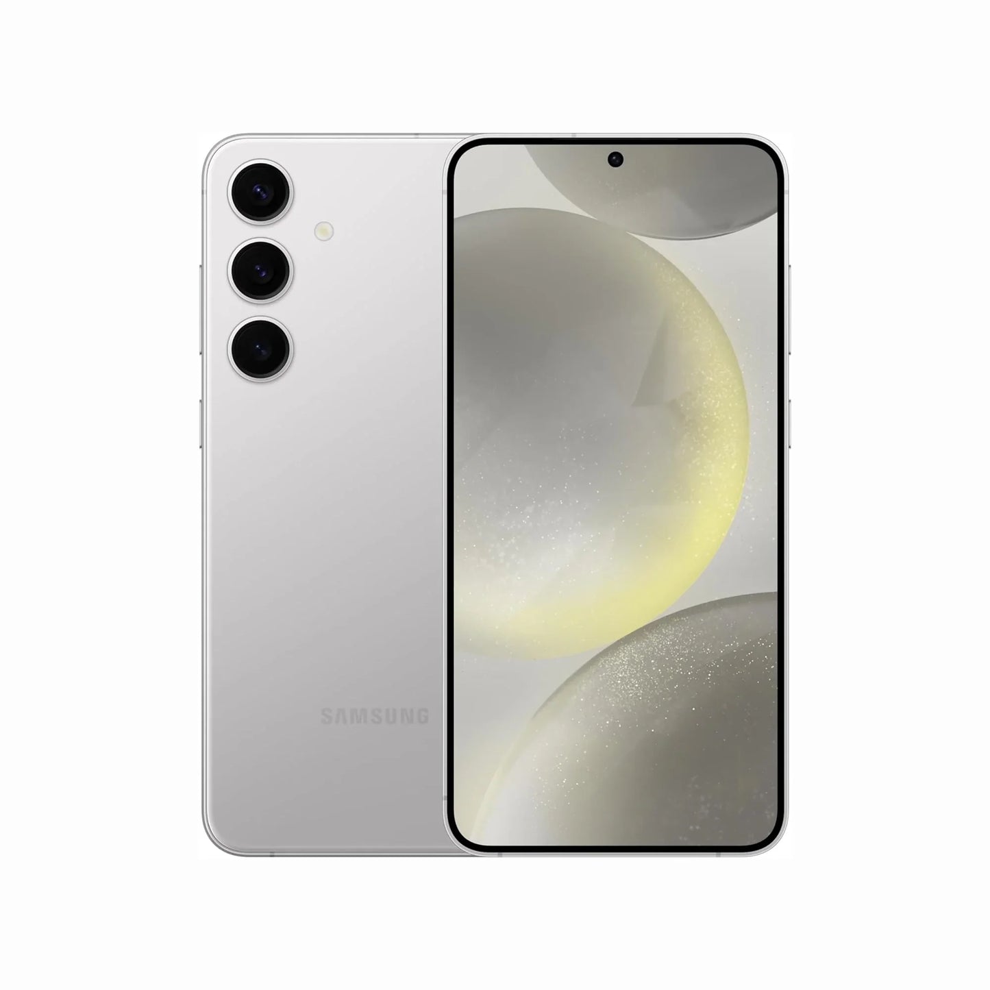 smart tech store Canada. premium tech accessories Canada. Premium Samsung Galaxy S24 Plus. Gallery image 4. The smartphone is displayed at a slight angle, showcasing both its front and back. The front features a large, edge-to-edge display with a small circular camera cutout at the top center. The back is a glossy white with three circular camera lenses arranged vertically, accompanied by a small flash. The background is a seamless white, emphasizing the sleek design of the device.