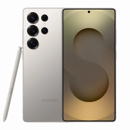 smart tech store Canada. next gen electronics shop. New Samsung Galaxy S25 Ultra. Gallery image 3. The smartphone is positioned centrally in the frame, showcasing its sleek design from a slightly angled perspective. The back features a glossy silver finish with three prominent camera lenses arranged vertically, accompanied by a small flash. To the left, a stylus rests against the phone, matching its color. The screen displays a soft, abstract design in muted tones.