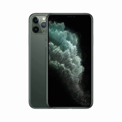 future tech gadgets Canada. smart tech store Canada. Premium iPhone 11 Pro. Gallery image 3. The smartphone is positioned centrally, showcasing both the front and back. The back features a matte dark green finish with three camera lenses arranged vertically in the top left corner. The front displays a vibrant screen with a dark background that highlights a swirling, textured pattern in shades of green and white. The lighting is soft, enhancing the sleek design without harsh reflections.
