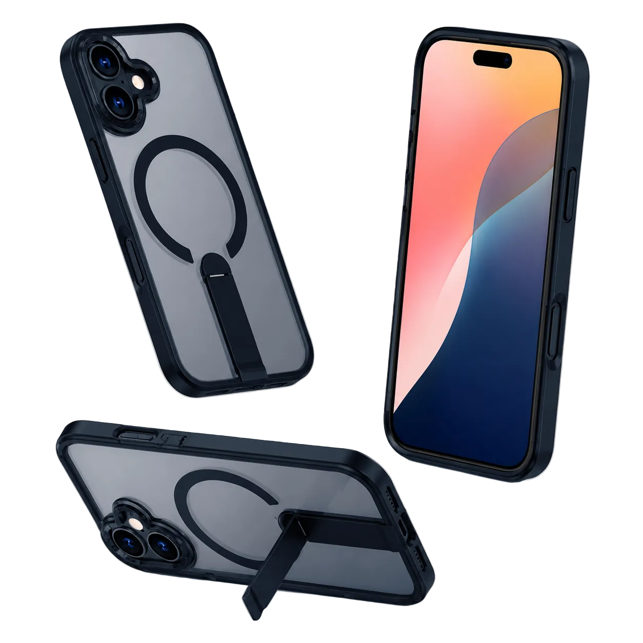 Apple iPhone 16 Kickstand Cover, Blue Bumper Phone Case, Wireless Charging Compatible Case, Durable TPU Phone Cover
