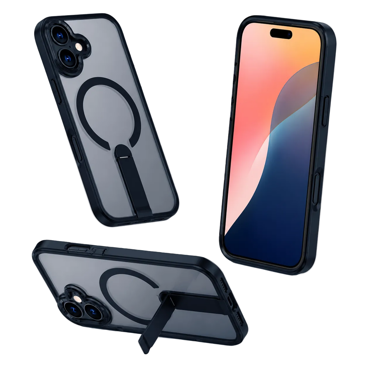 Apple iPhone 16 Kickstand Cover, Blue Bumper Phone Case, Wireless Charging Compatible Case, Durable TPU Phone Cover