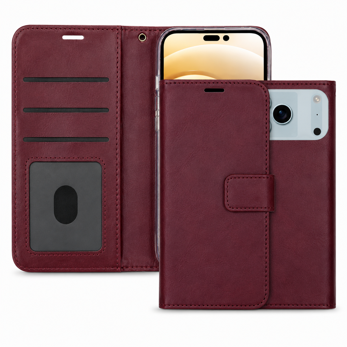 Apple iPhone 17 Pro Max Wine Photo ID Wallet Case Premium Leather Flip Cover